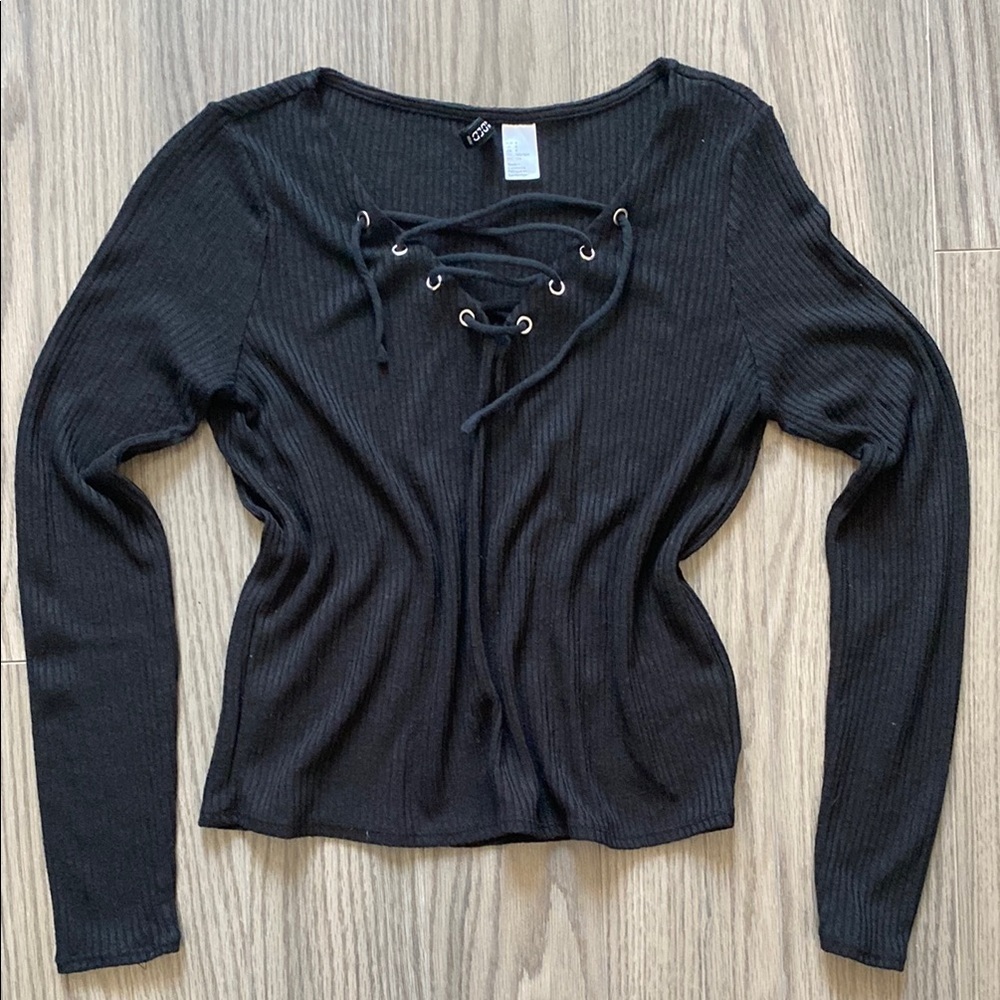 Black Lace-Up Ribbed Top